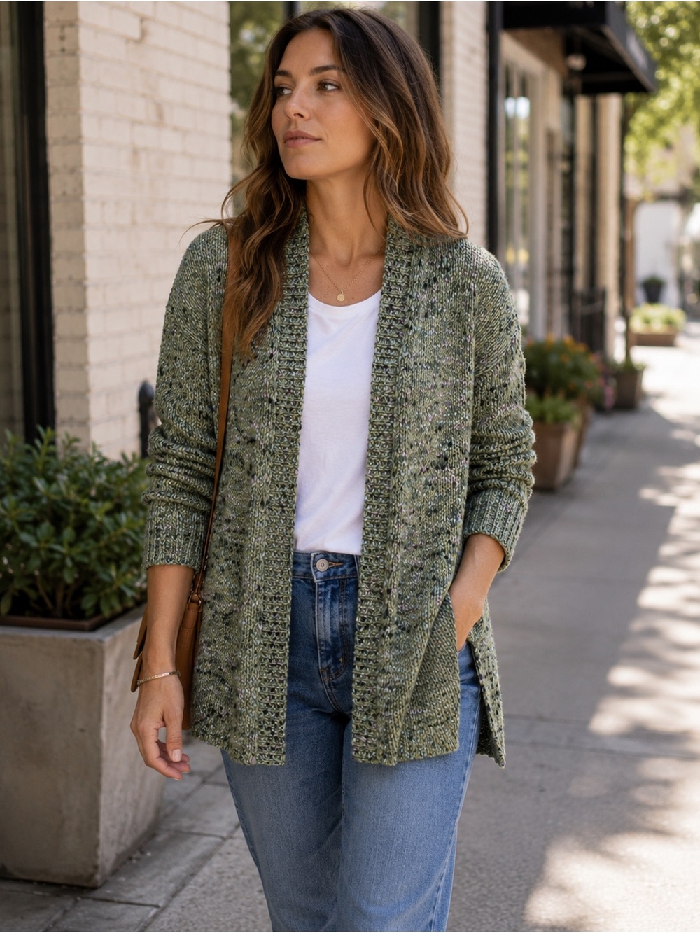 J.Jill Marled Knit Open Front Cardigan Sage Green Multicolor Petite M